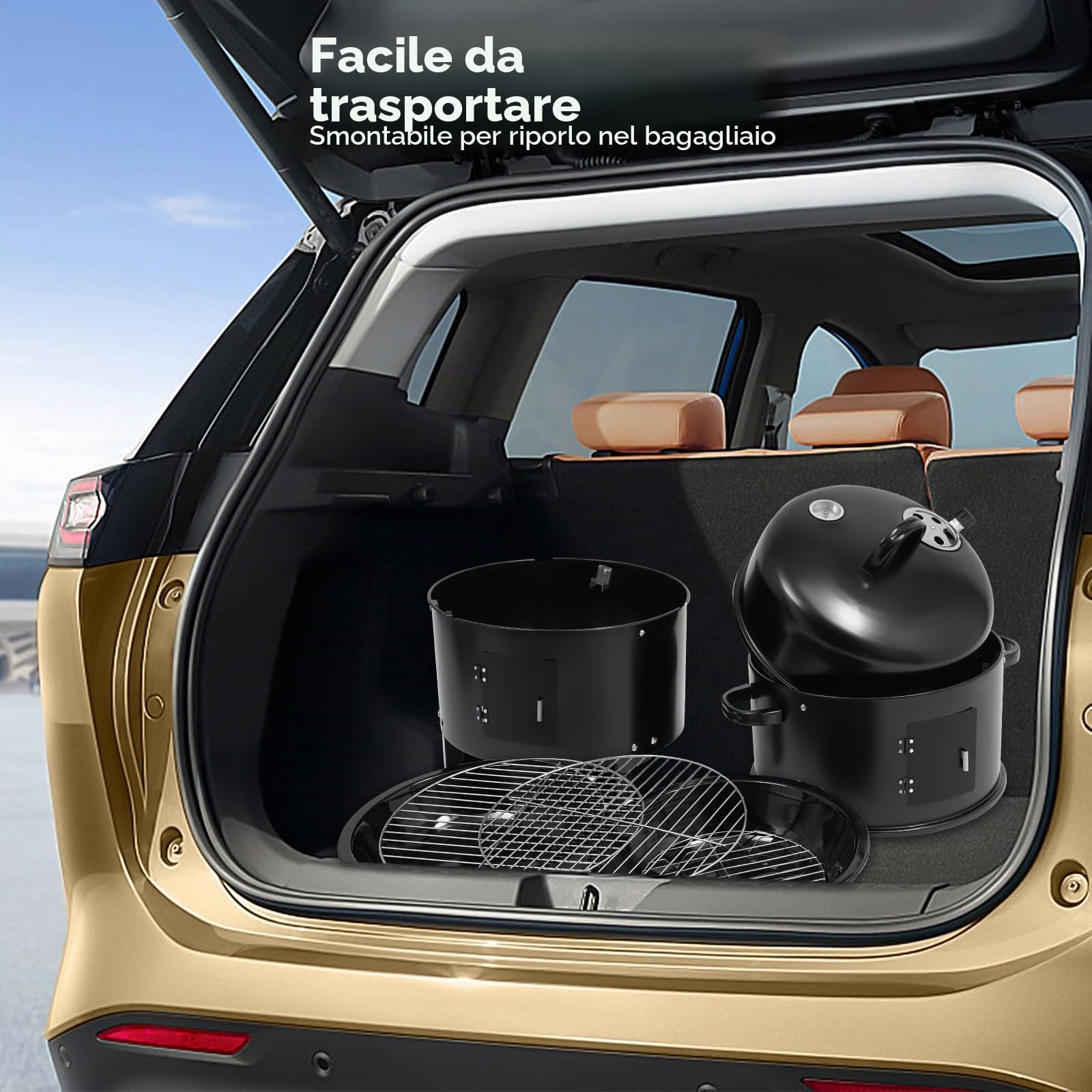 Barbecue autoportante a carbonella, forno per affumicatura 3 in 1,84 cm, con forno, termometro integrato e prese d'aria regolabili, multifunzione, per la preparazione di carne, pancetta
