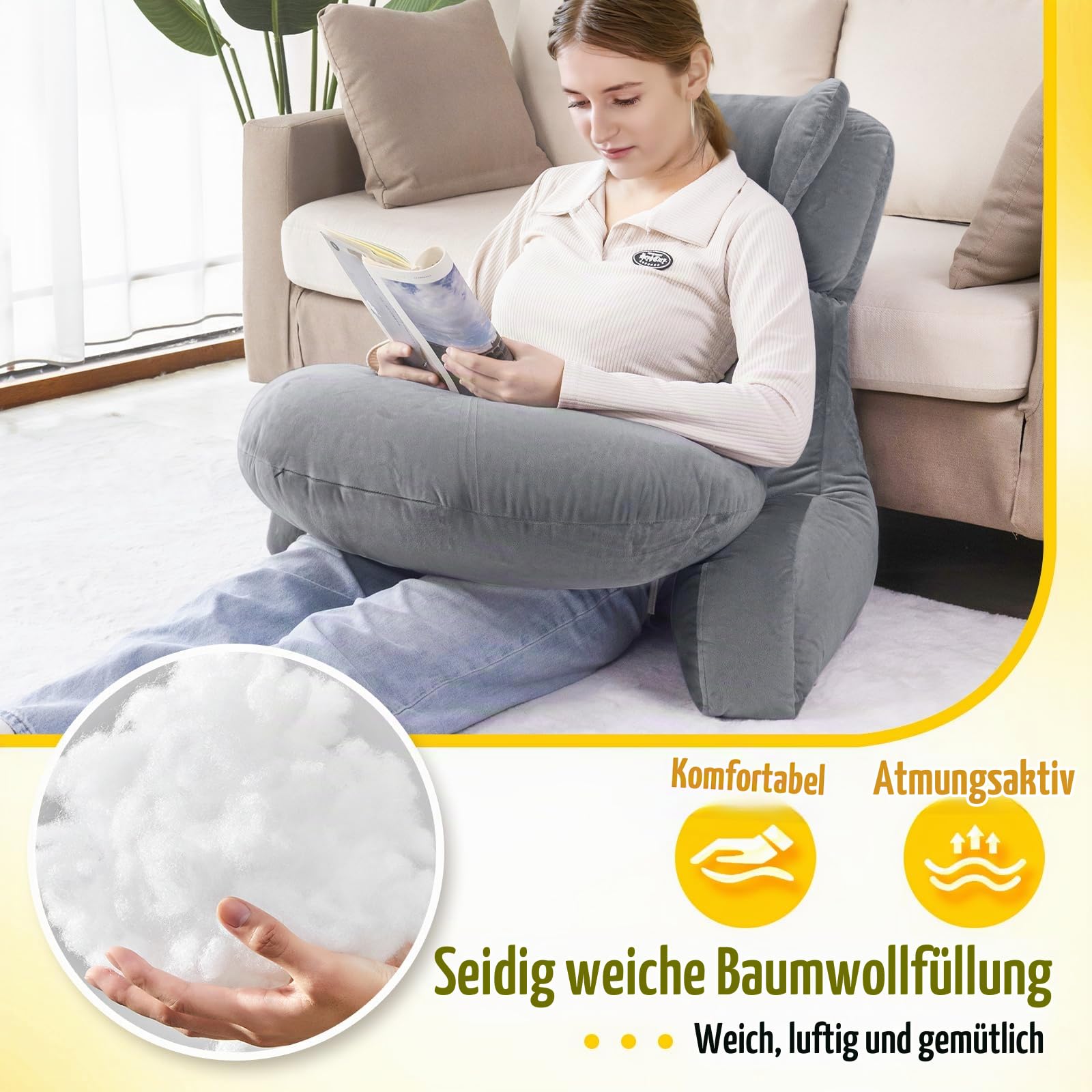 Lesekissen & Gaming-Kissen mit Rückenstütze - Nacken- und Lendenkissen für Bett, Sofa, Boden, mit Beinauflage