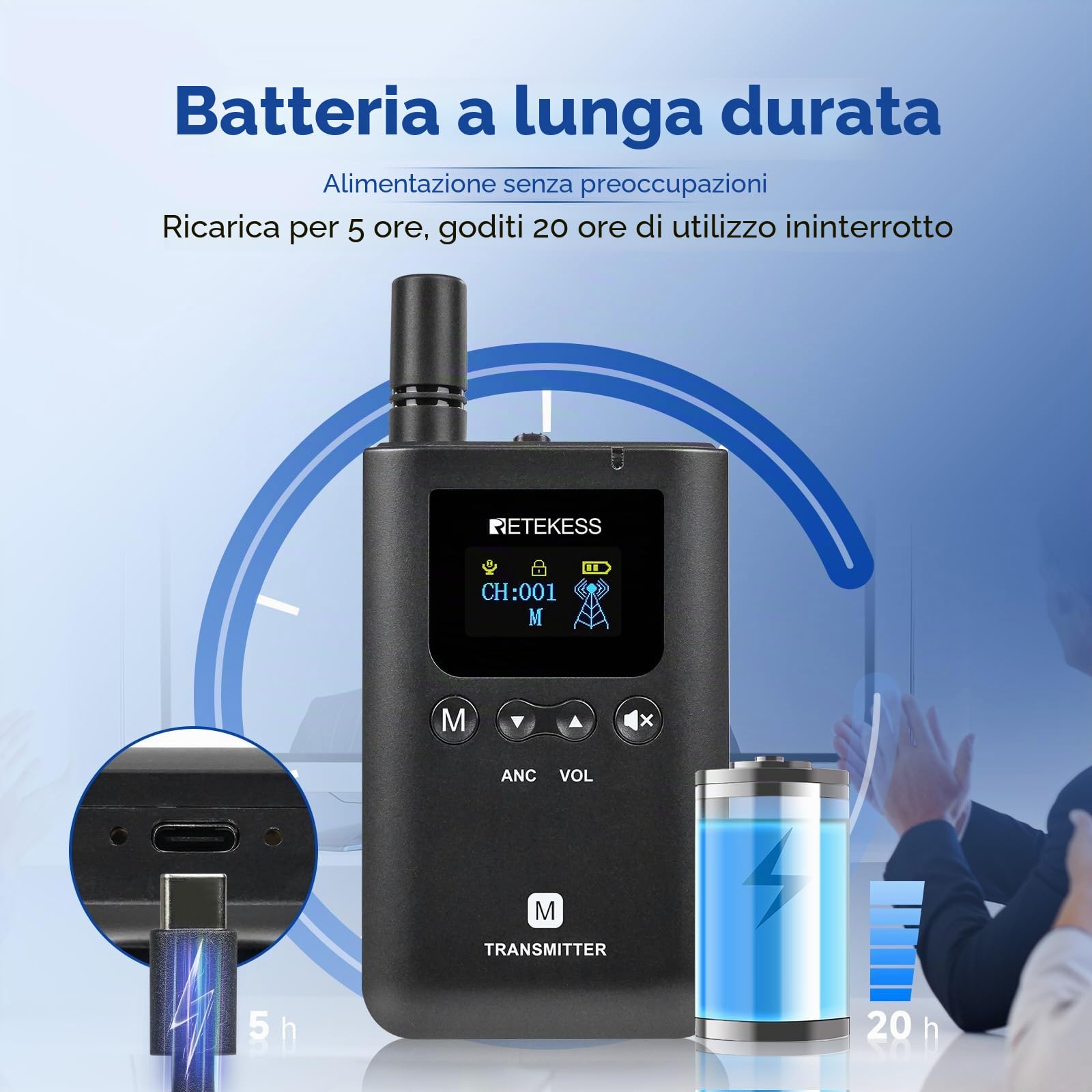Retekess TT129 Sistema di Guida Turistica Wireless con 3 Trasmettitori, Sistema di Cuffie Audio per Guida Turistica, Full Duplex, 100 M, 20 ore di Standby, Funzionamento One-Touch, per Formazione