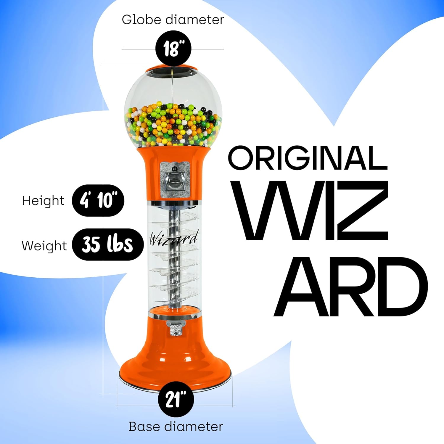 Gumball Machine Original Spiral - 4`10" Height - Set Up for $0.25 - Dispenses 1” Gumballs - Spin & Drop Vending Machines for Kids - Bubble Gum Machine - Orange