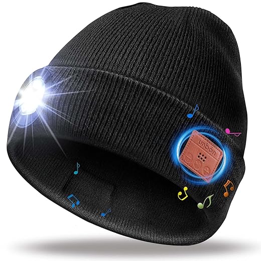 UNBON Bluetooth Beanie with Light, LED Beanie Hat with Headphones, Mens Gifts for Christmas Birthday Stocking Stuffers for Men Unique, Cool Tech Gifts for Men Teen Boys Dad Teens Him Black
