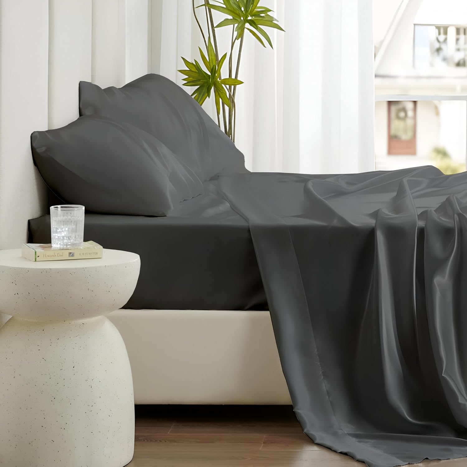 シルクサテンベッドシーツセット - フルサイズラグジュアリー4ピーススリッキーソフトディープポケットサテンシーツセット フィット1枚