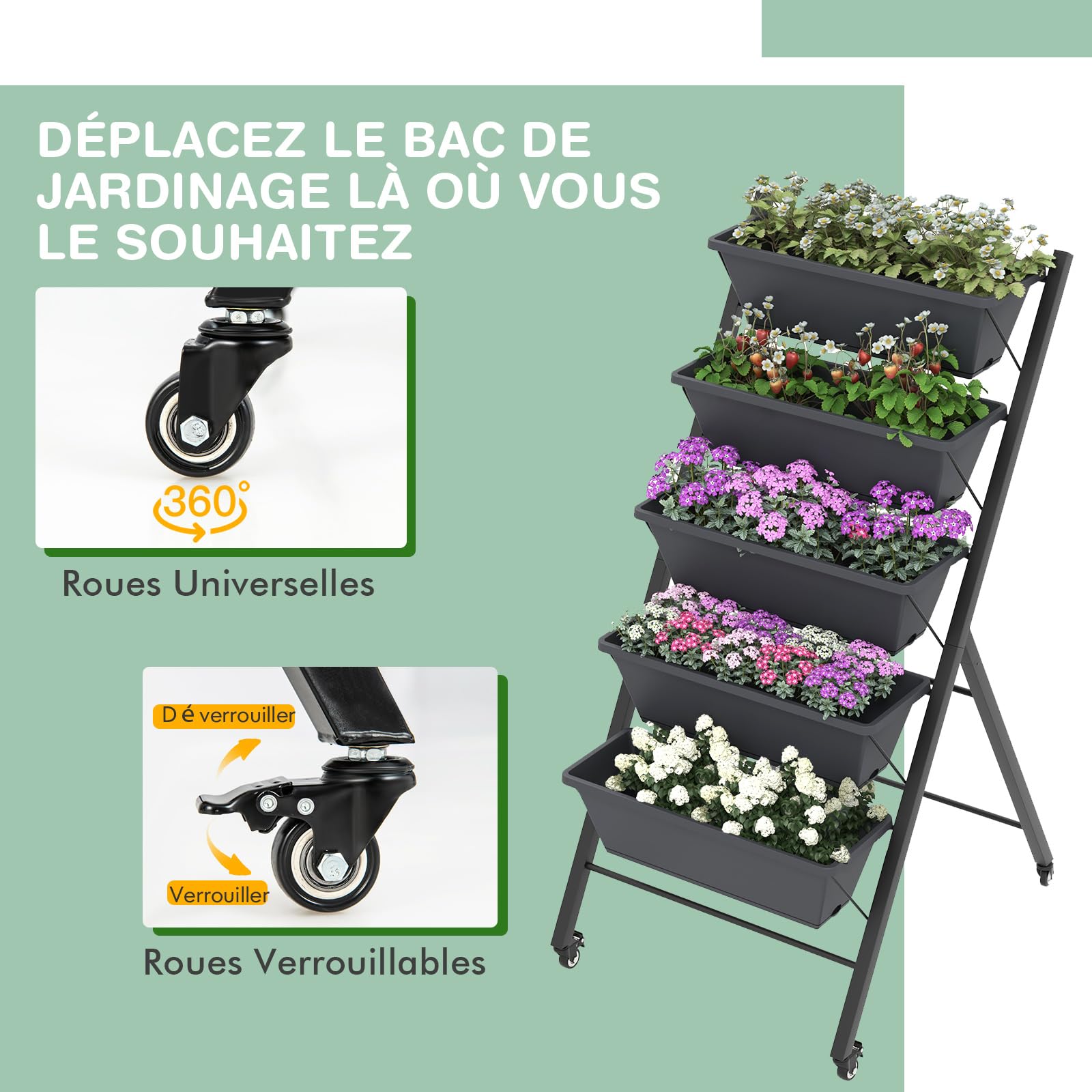 RELAX4LIFE Jardinière Verticale Surélevée avec Roues Verrouillables, Potager sur Pied Urbain à 5 Niveaux en Fer avec Trous de Drainage pour Fleurs Herbes Légumes Terrasse, Balcon (Noir, 50x19x117CM)