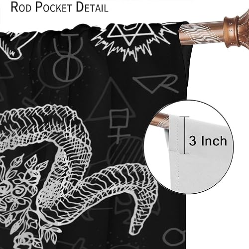 Vista 136 de Cortinas de cabeza de cabra, misteriosa cabeza de cabra malvada, calavera negra, bolsillo para barra, cortinas opacas para ventana, juego de 2