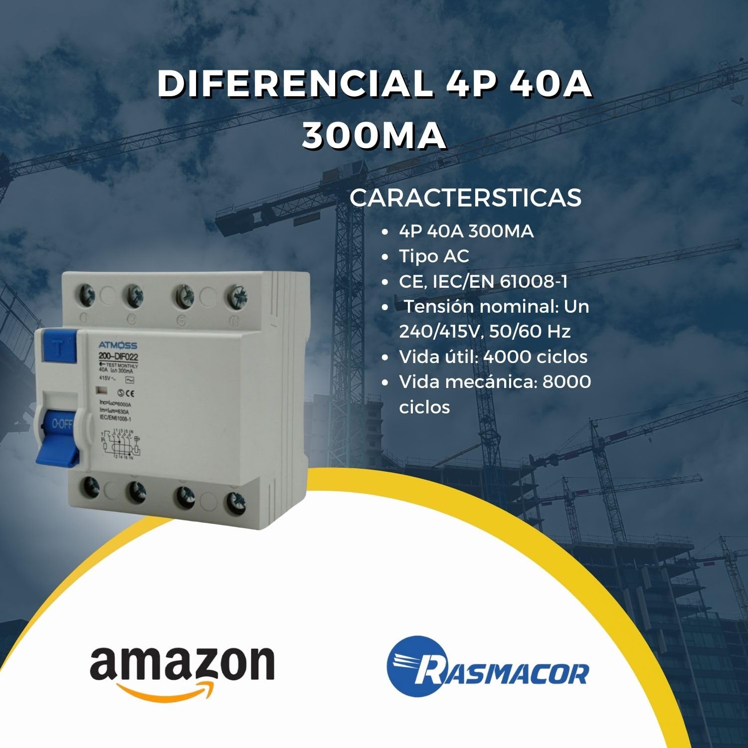 RASMACOR | Differenziale 4P 300mA Classe AC 40A | Interruttore 230V AC 50HZ | Sensibilità 300mA | 72mm X 66mm X 83mm