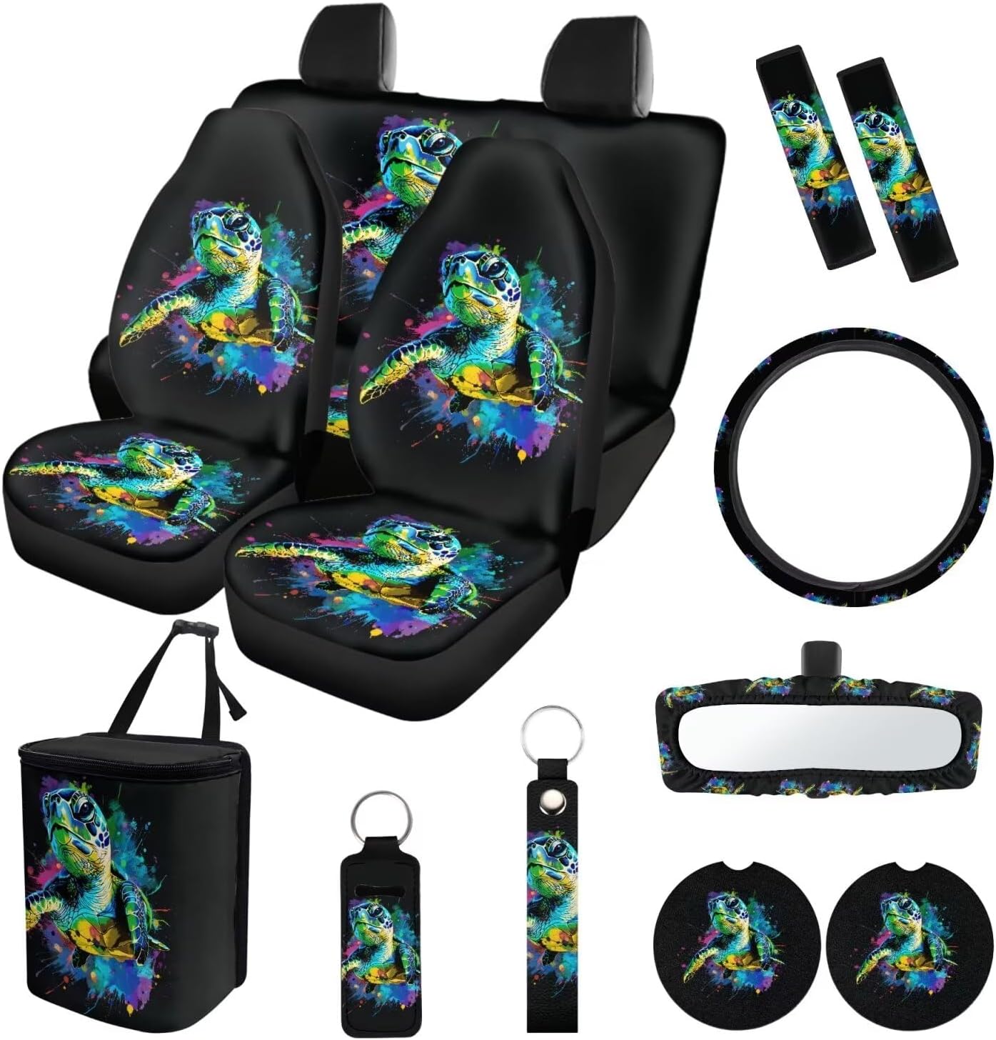 Suobstales Cow Print Car Seat Cover Interior Accessories Set of 13, Steering Wheel Covers, Car Trash Can, Seatbelt Cover, Coasters, Keychains, Rearview Mirror Cover Universal Fit Truck SUV Sedan