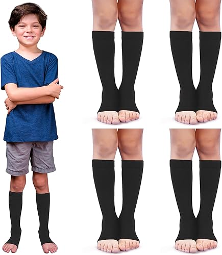 Shinymoon 4 pares de calcetines de compresión de punta abierta para niños, 15-20 mmHg, calcetines de compresión hasta la rodilla, soporte de manga
