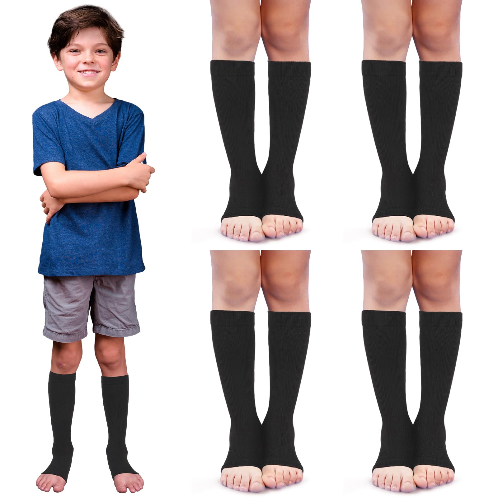Shinymoon 4 Pairs Kids Open Toe Compression Socks 15-20 Mmhg Knee Length Support Graduated Compression Socks