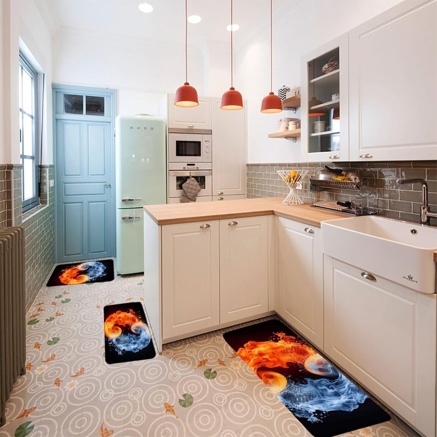Yin Yang Fire Water Kitchen Mats for Floor 3 Pcs Kitchen Rugs