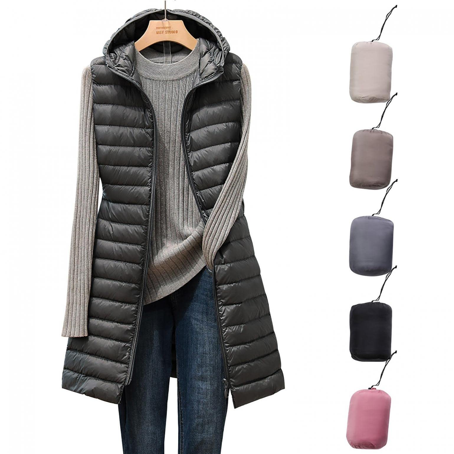 DeaAmyGline Steppweste Damen Lang Ultra Leicht Daunenweste Komprimierbar Paket Ärmellose Warm Lange Weste Mantel Jacke Parka mit Kapuze Steppjacke Wintermantel Daunenmantel Jacken