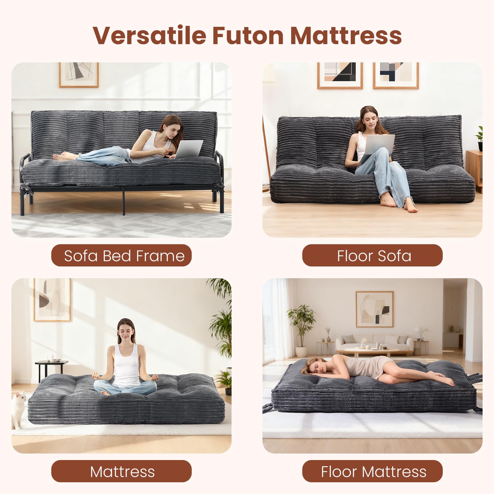 10" Futon Mattress Queen Size,Futons Sofa Couch Bed with Straps, Thick Corduroy Floor Mattress for Adults, Roll Up Folding Mattress Shredded Foam Filling, Medium Firm (Gray, Full)