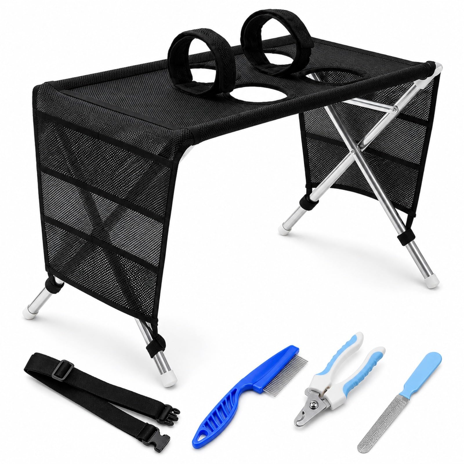 Dog Bath Holder for Small Dogs, Foldable Pet Bathing Stand with 8 Leg Openings, Adjustable Restraint Straps, Up to 10 kg Grooming Stand for Cats, Puppies, Washing and Nail Trimming, Brushing (H)