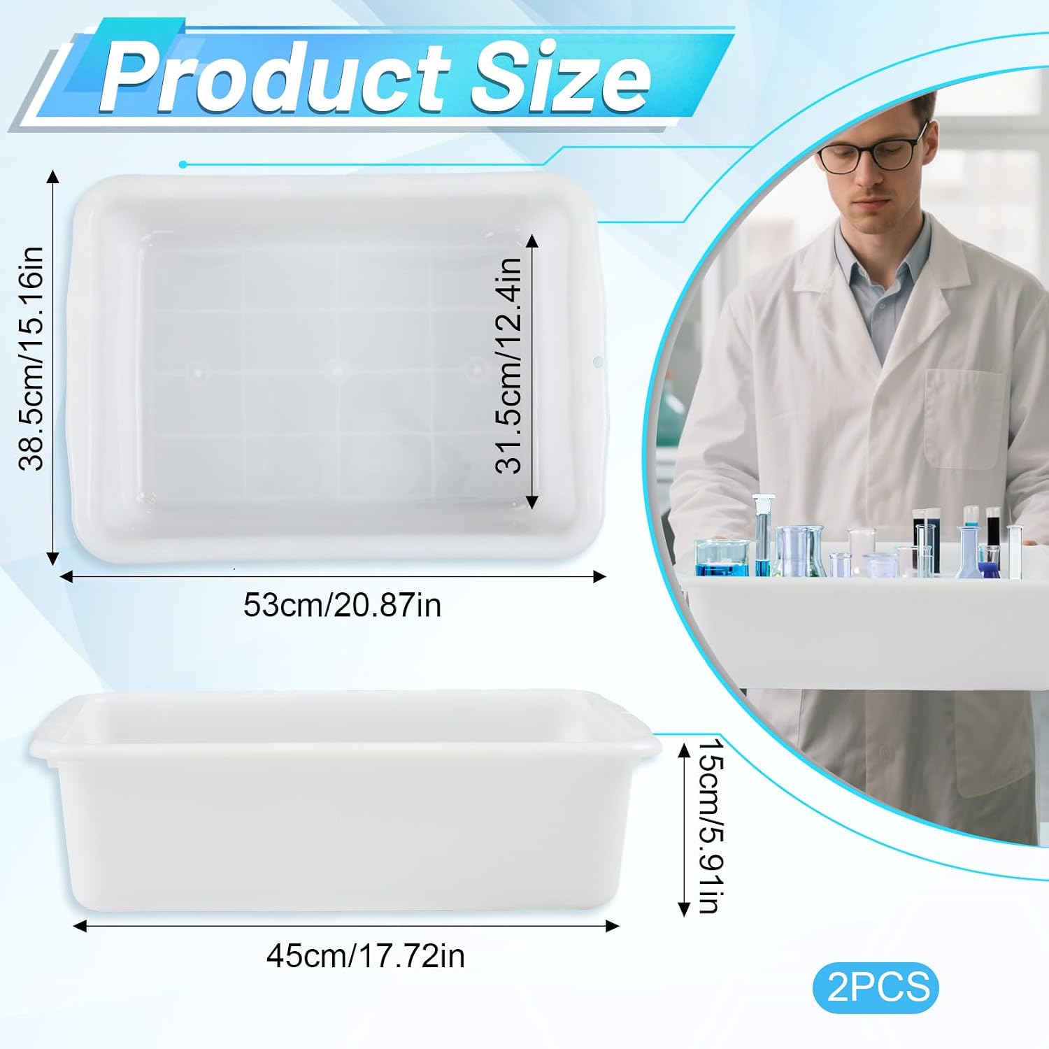 Remerry 2 Pack Polypropylene Containment Tray 20.9 L X 15.2 W X 5.9 H Rectangular Lab Tray for Sterilizing and Drying Laboratory Supplies, Durable and Temperature Resistant Plastic