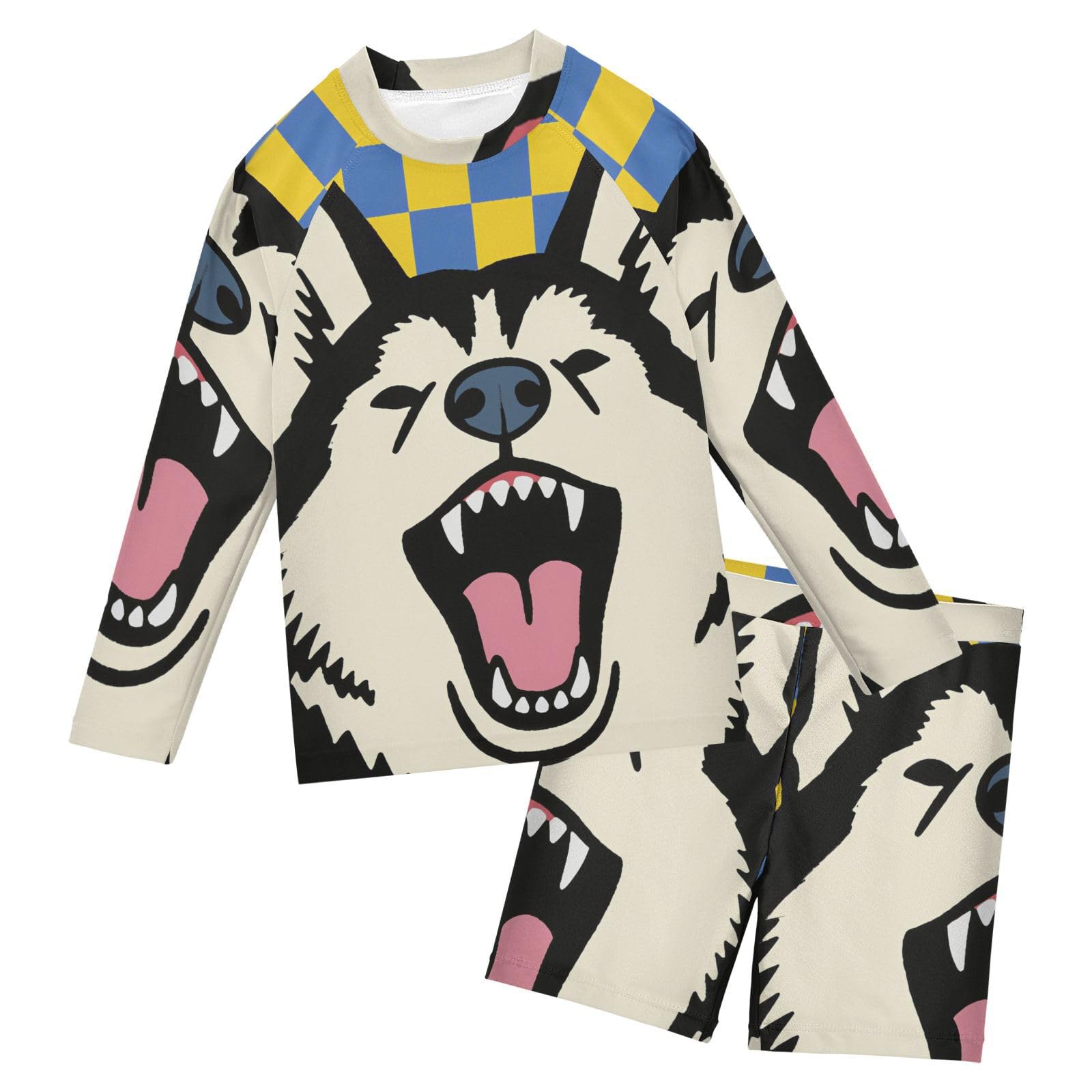 Traje de baño de dos piezas manga larga niños protección UV piscina a cuadros 6