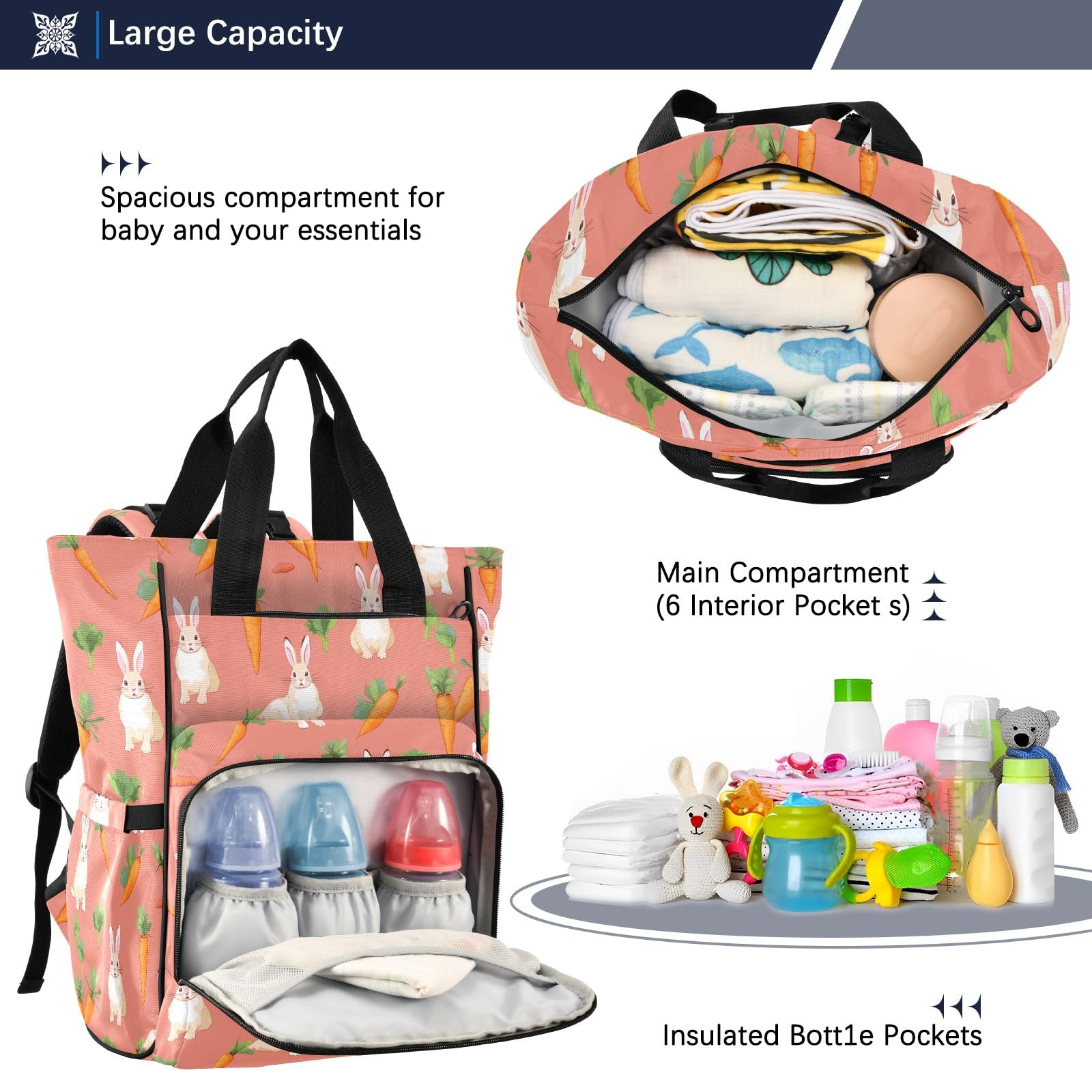 Mnsruu Borsa per pannolini per bambini, con coniglio, borsa grande, impermeabile, da viaggio, per mamme e papà
