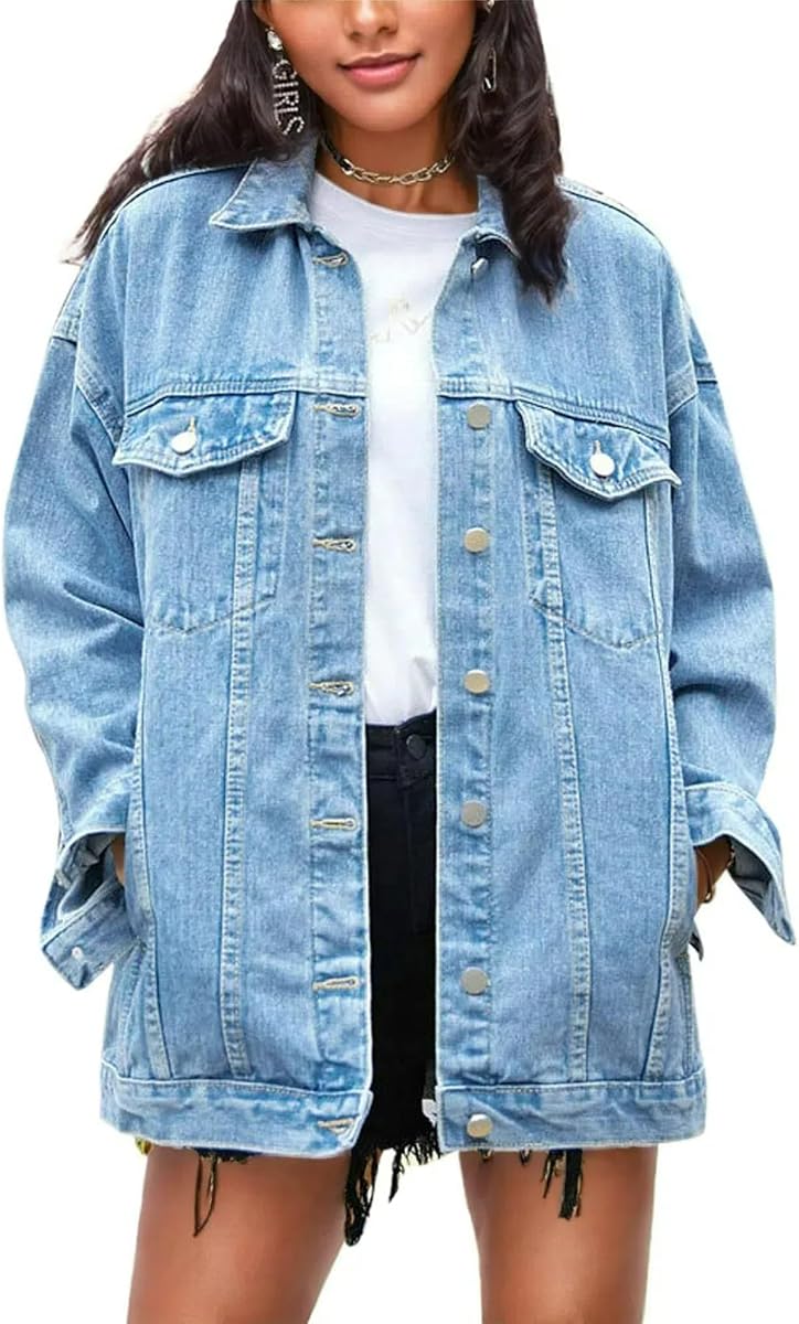 Chaqueta vaquera extragrande para mujer abrigo vaquero informal medio largo | Chaquetas vaqueras azules para mujer modernas con bolsillos, abotonadas, abrigo de otoño relajado 2026