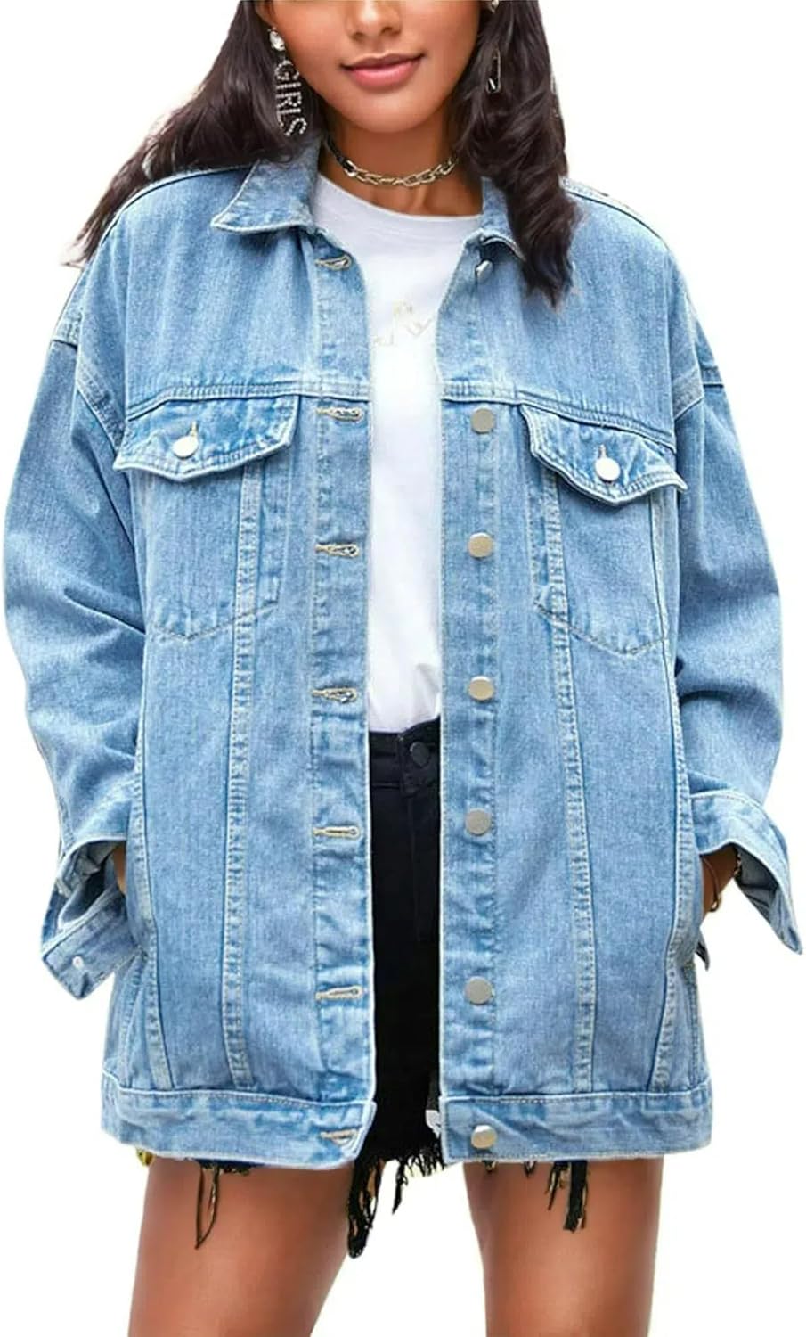 Women's Oversized Mid Long Denim Jacket Jean Biker Coat
