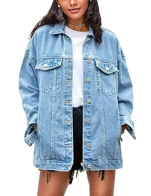 Omoone Womens Oversized Mid Long Denim Jacket Jean Biker Coat