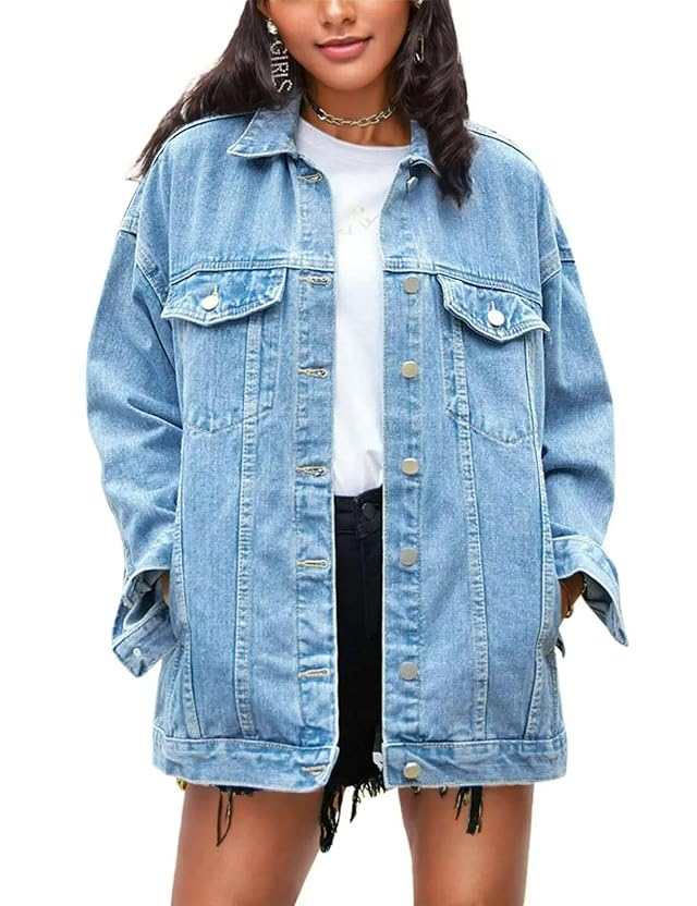 Omoone Womens Oversized Mid Long Denim Jacket Jean Biker Coat