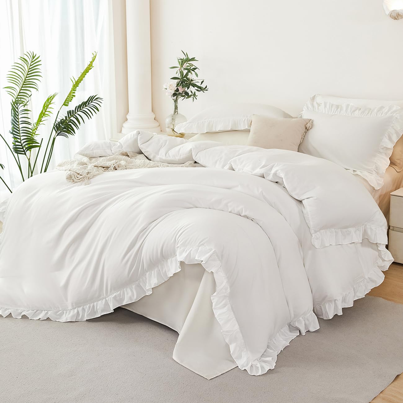 STYHO White Duvet Covers Single Size 2 Pieces Aesthetic Ruffle Design Comforter Cover with Pillowcase Soft Luxury Farmhouse Plain Frills Bedding Quilt Cover Set with Zipper Closure, 135x200cm