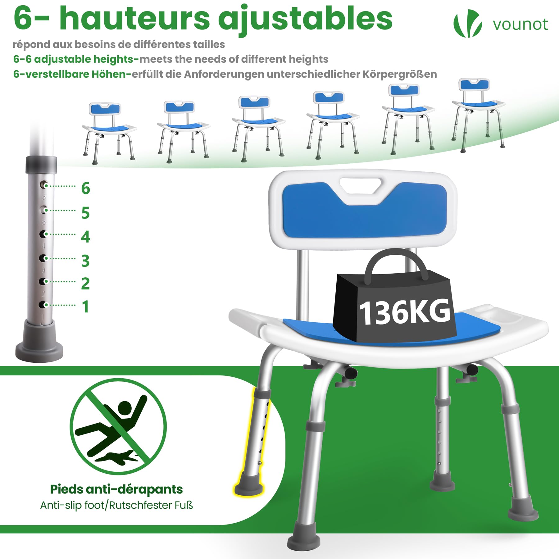 VOUNOT Duschstuhl mit Rückenlehne, ergonomischer Duschhocker für Senioren, höhenverstellbar 70–83cm, Stabil rutschfest Badhocker Duschsitz mit Brausehalterung, belastbar bis 136 kg, Blau