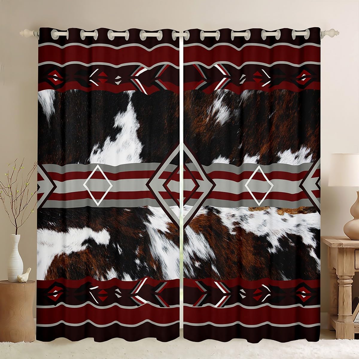 Loussiesd Cow Fur Print Blackout Curtains Cowboy Darkening Drapes for Bedroom Living Room Decor Cowhide Thermal Insulated Shades, 2 Panels W52*L90 Wine Red Brown โ image 1