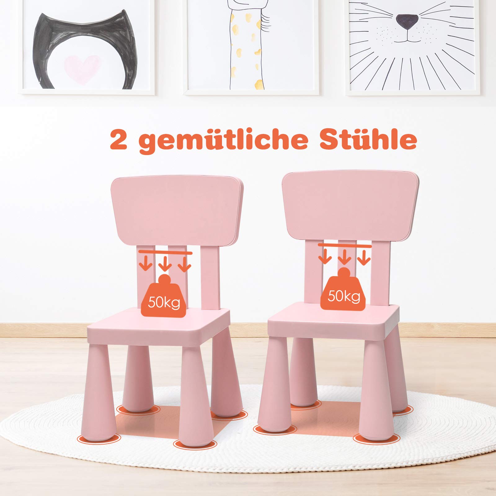 COSTWAY Conjunto de Asientos Infantiles de 3 Piezas, Mesa para niños, 2 sillas, Muebles Infantiles de plástico, Mantel Individual Infantil para jardín de Infantes y guardería (Rosa)