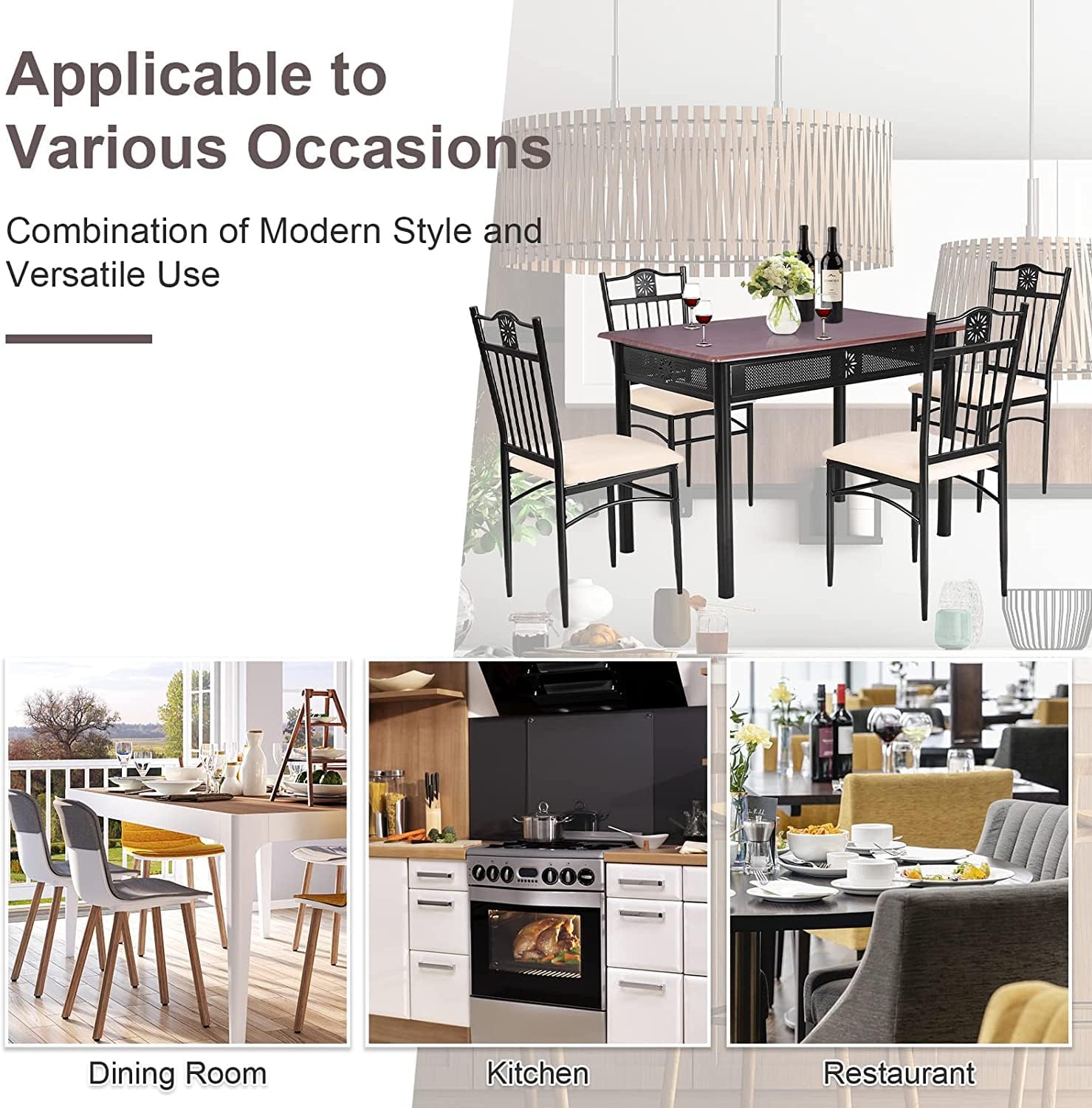 Mid Century Modern Dining Table Set for 4, 5-Piece Dining Room Table Set with Metal Frame and Padded Seat, Small Kitchen Table and Chairs for Small Spaces (Brown)