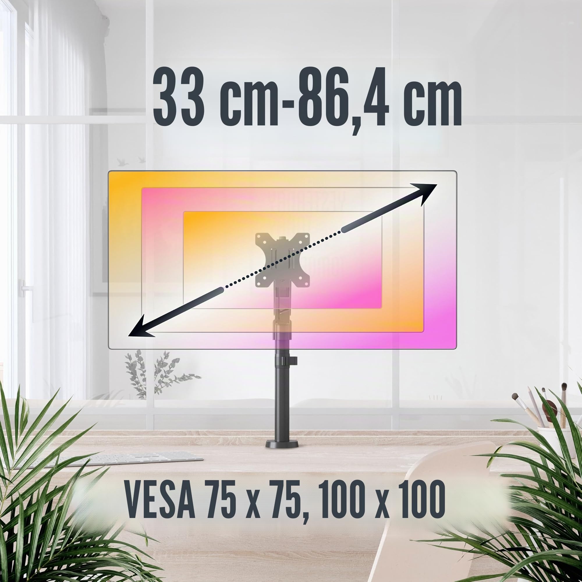 RICOO TS9511 Support Écran PC TV 13 17 19 22 24 27 28 32 34 Pouces VESA 75x75 100x100 Ressort à gaz Orientable Inclinable Rotatif Universel Fixation Bureau Pince de Table