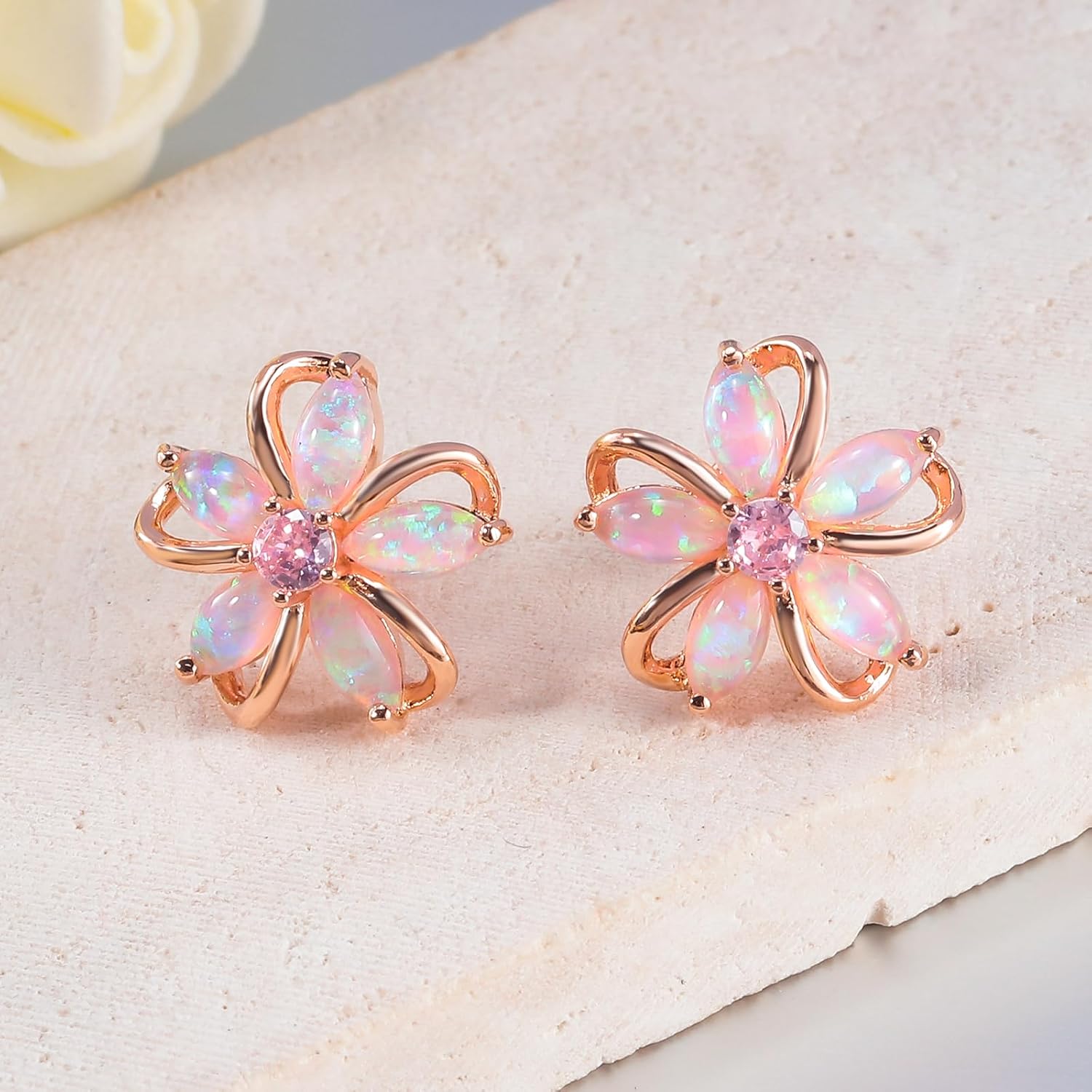 CiNily Womens Flower Earrings Studs Dainty Fire Opal Studs 14K White/Gold Plated Lightweight Cubic Zirconia Stud Earrings Trendy Diamond Jewelry for Wedding Party Birthday Summer Gifts - Image 6