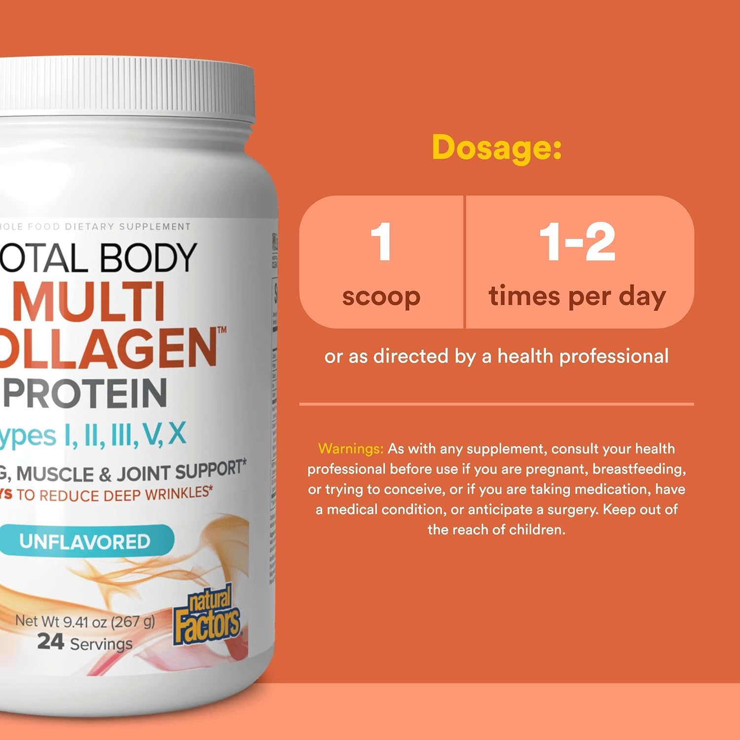 Natural Factors Total Body Multi Collagen Protein, 5-Collagen Blend with Hyaluronic Acid, Biotin, L-Glutamine and L-Tryptophan, Unflavored, 9.41 Oz - Image 3