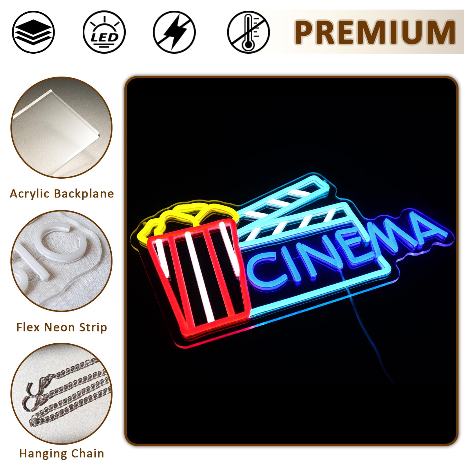 Insegna al neon cinema per decorazione da parete, segni a LED popcorn per film, luci al neon dimmerabili USB per teatro per casa, bar, film, festa notturna, uomo, grotta, snack, decorazione