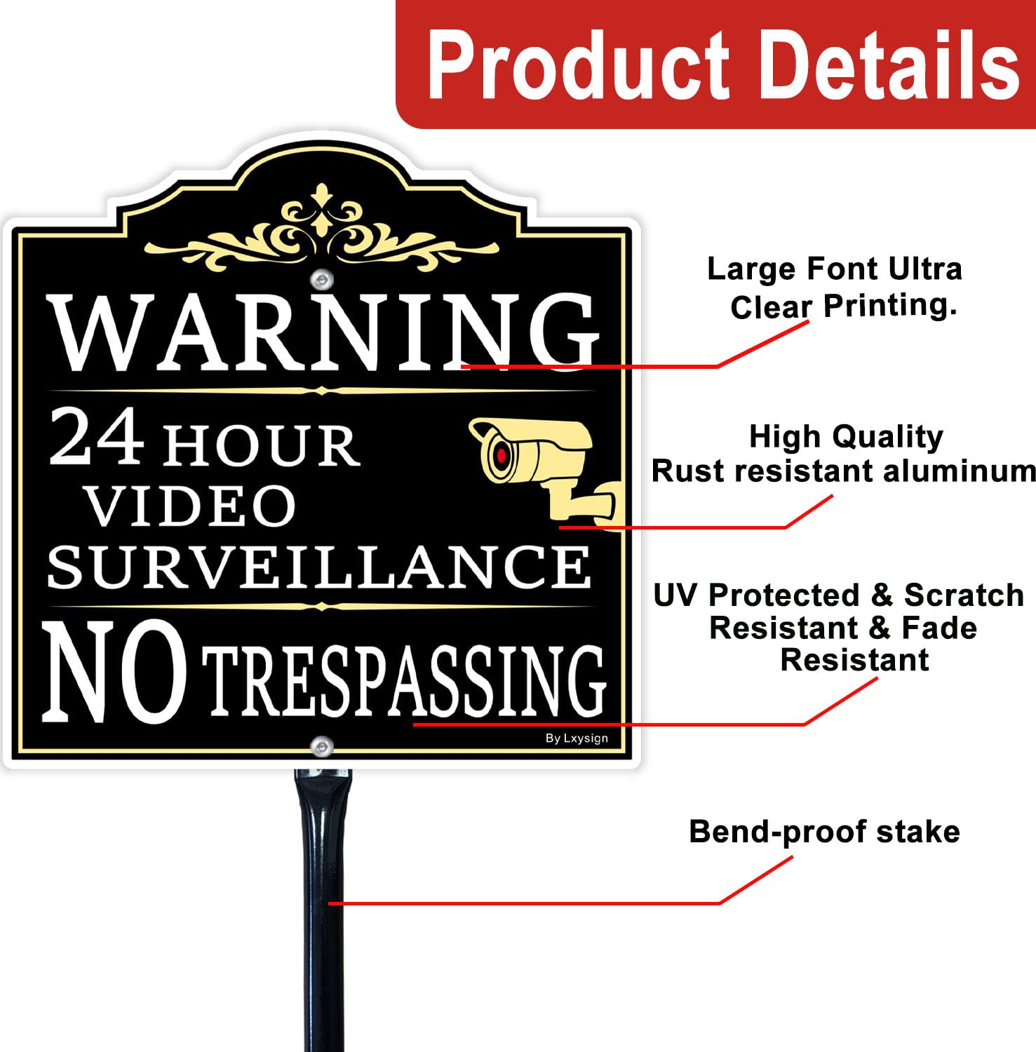 Señal de advertencia de videovigilancia sin traspasar, color negro y dorado, aluminio de 12 x 12 pulgadas, paquete de 2 con estacas de metal de 54 pulgadas de alto, señales de seguridad CCTV