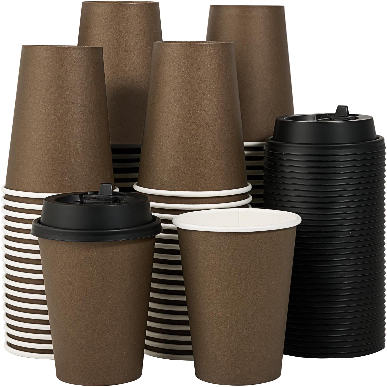100 Pack 12 oz Disposable Paper Coffee Cups with Lids for Coffee, Water, Juice, or Tea, Brown Hot Paper Cups for Home, Restaurant, Store, and Cafe