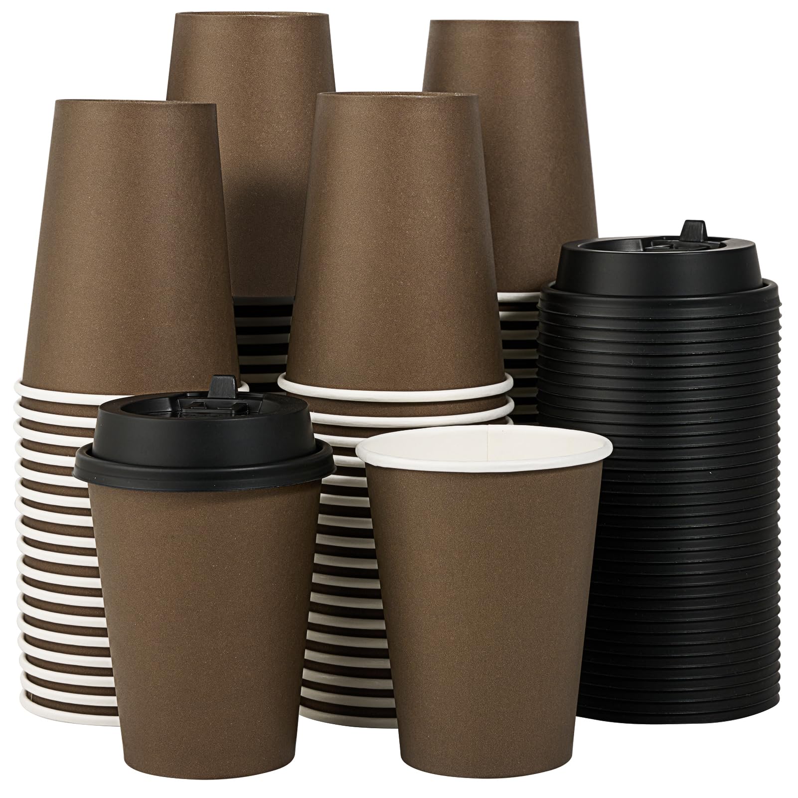 LITOPAK 100 Pack 12 oz Disposable Paper Coffee Cups with Lids for Coffee, Water, Juice, or Tea, Brown Hot Paper Cups for Home, Restaurant, Store, and Cafe