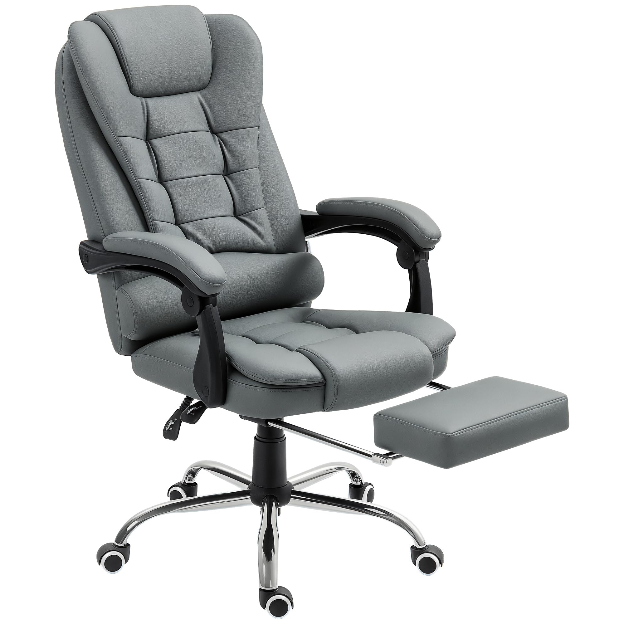 HOMCOM Bürostuhl Ergonomischer Schreibtischstuhl mit Lendenwirbelstütze, Armlehne, Fußstütze, Höhenverstellbarer Drehstuhl mit Wippfunktion, Kunstleder, Gepolstert Computerstuhl, Grau