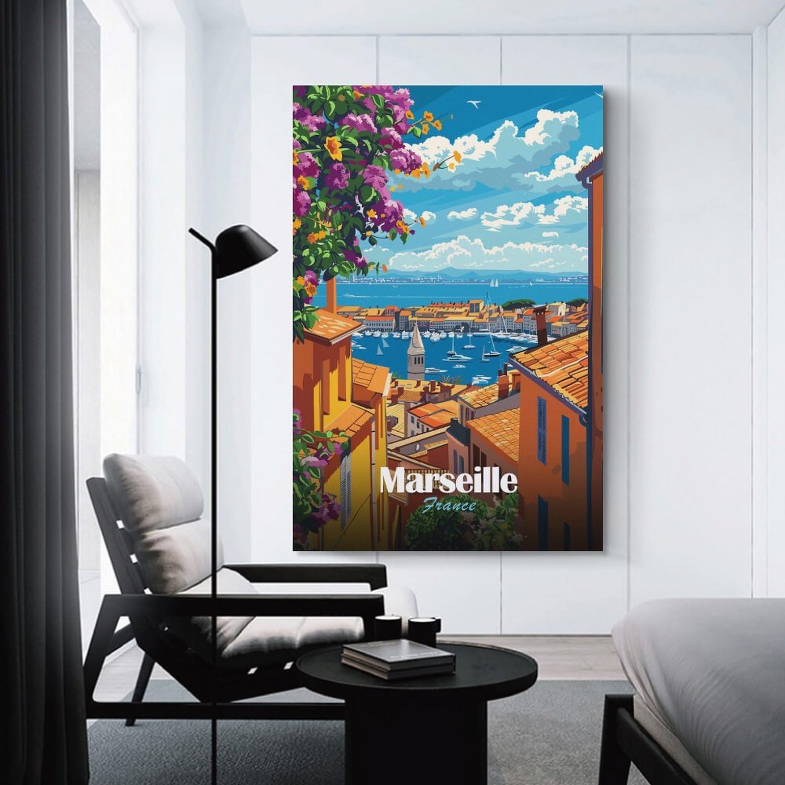 Junmoney Marseille, France Cityscape Illustration Home Decor Wall Art, 24x36inch(60x90cm), for Lounge, Bedroom Or Personal Spaces, Gift Idea for Housewarming And Birthdays