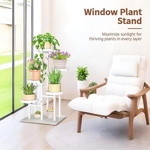 Miniatura 8 de LASZOLA Soporte para plantas de 5 niveles en blanco, estante resistente para interiores, organizador vertical de metal y madera para plantas