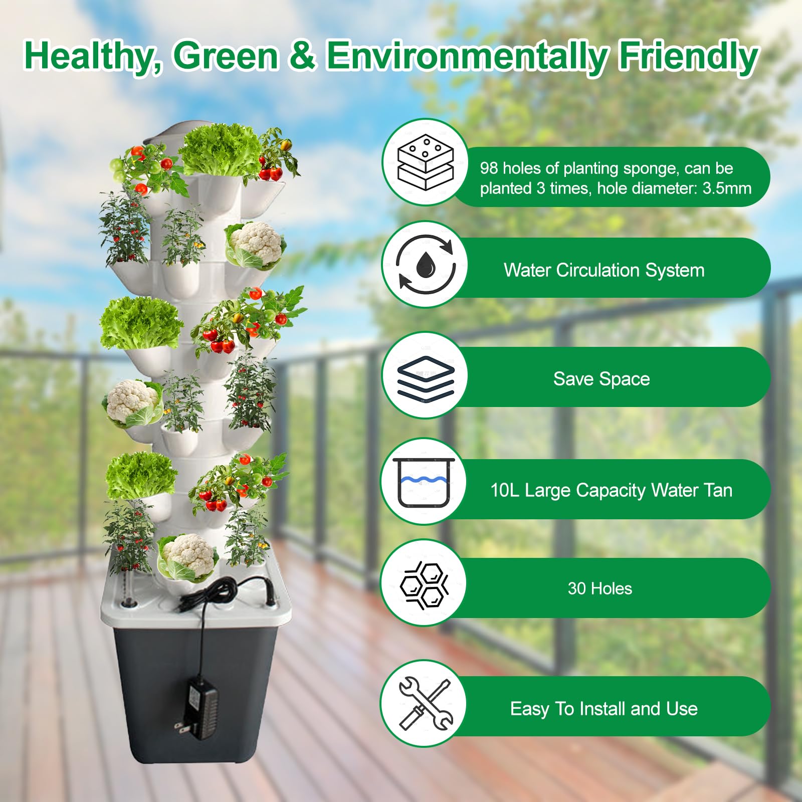 Système de culture hydroponique, tour hydroponique, 30 pods, Aeroponic Tower Garden pour herbes, fruits et légumes en intérieur, kit de culture de légumes avec réservoir d'eau de 10 litres et pompe