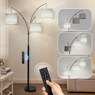 Netin Arc Floor Lamp with Remote, 3 Light Floor Lamp for Living Room Bright Lighting, 3 Color Temperature, Dimmable Tall Standing Lamp, Mid Century Tree Floor Lamp for Bedroom Office