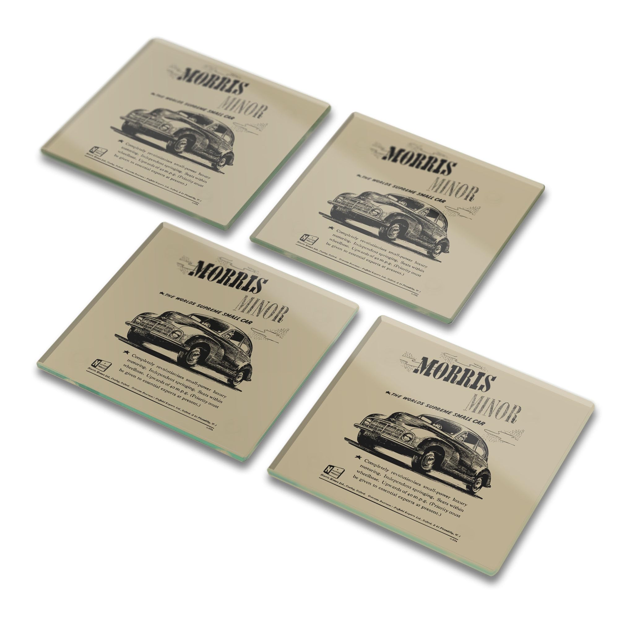 Morris Minor Glass Coaster Set Classic Advert British Car Gift OFFICIAL LICENCED PRODUCT (4, Gift Box Packaging)