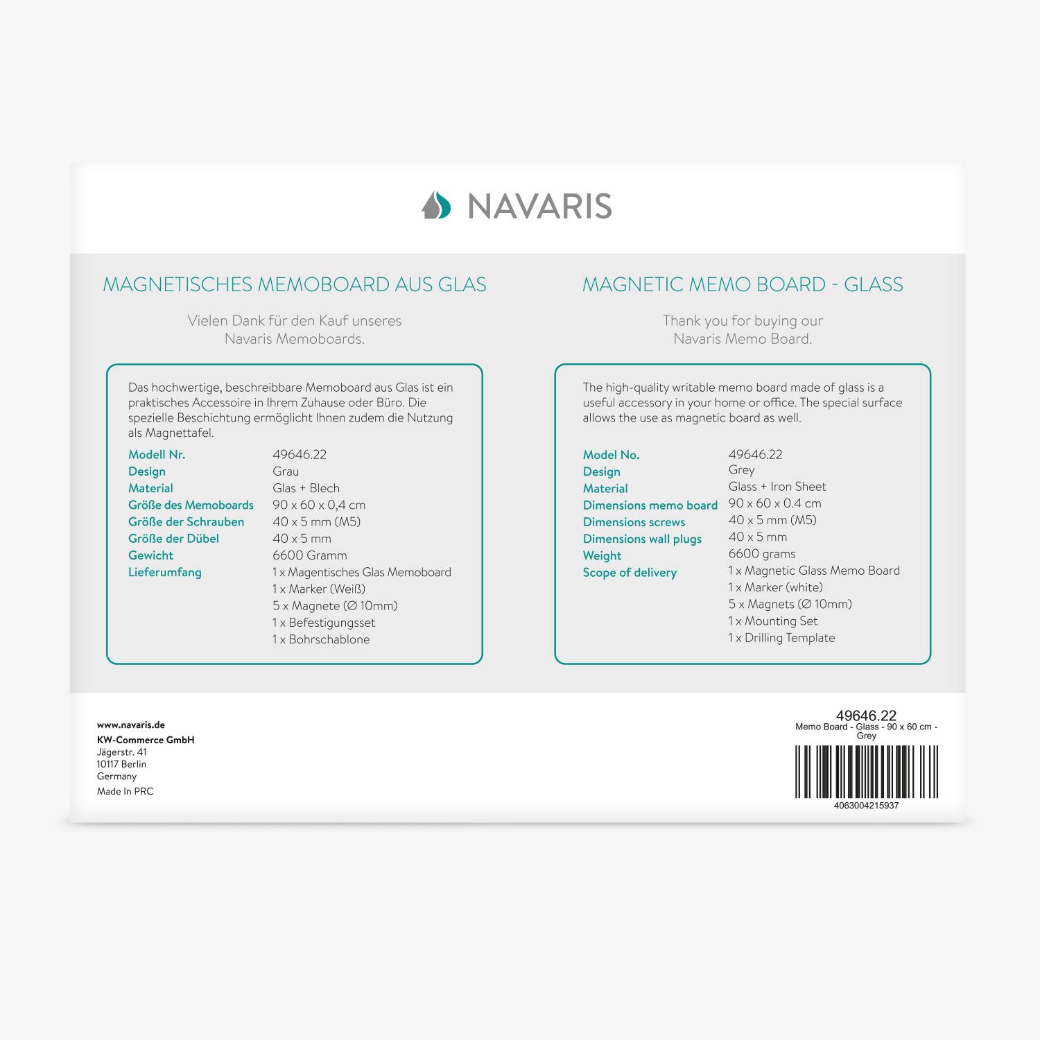 Navaris Magnettafel Magnetboard aus Glas - 90x60 cm Tafel magnetisch zum Beschriften - Magnetwand in Grau - inkl. Magnete Stift Halterung