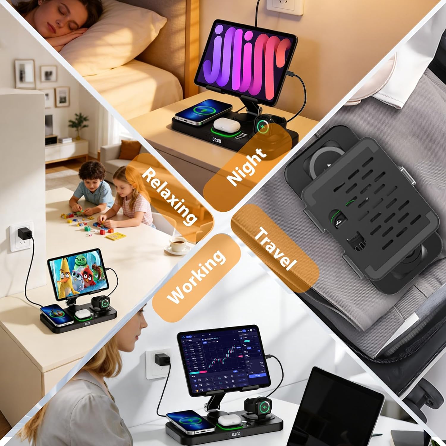 30W Charging Station for Apple Products, Foldable Wireless Charger with Clock Display&7 Color Light, Wired Charging for iPad/Tablet Charging Station for iPhone17, for Apple Watch11 for AirPods4(Black - Image 6