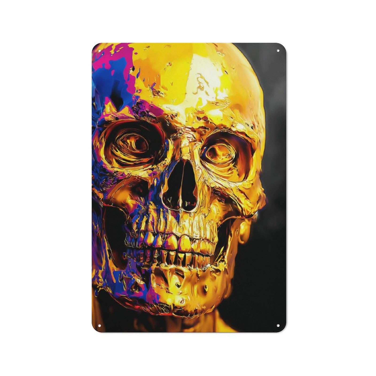 Junmoney Golden Skull Artwork -3 Warehouse Style Tin Wall Sign 30X20cm Featuring Loft Wall Plaque For Loft, Studio, Office Or Creative Room