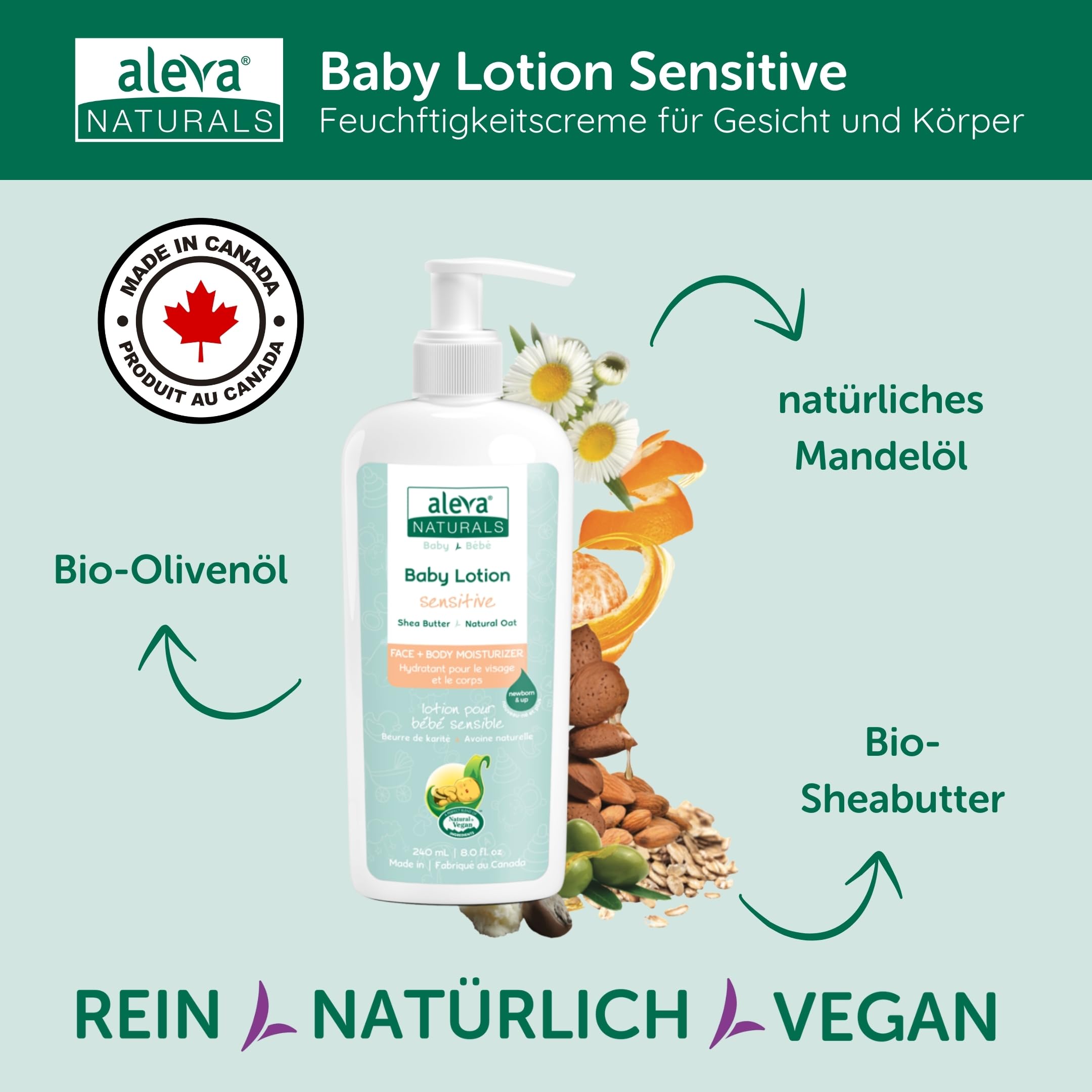 Aleva Naturals Newborn Baby Set – 100% natürliche Pflege für die empfindliche Haut Ihres Babys, hypoallergen, ohne Parabene & Sulfate, enthält Shampoo, Lotion, Windelcreme & Feuchttücher