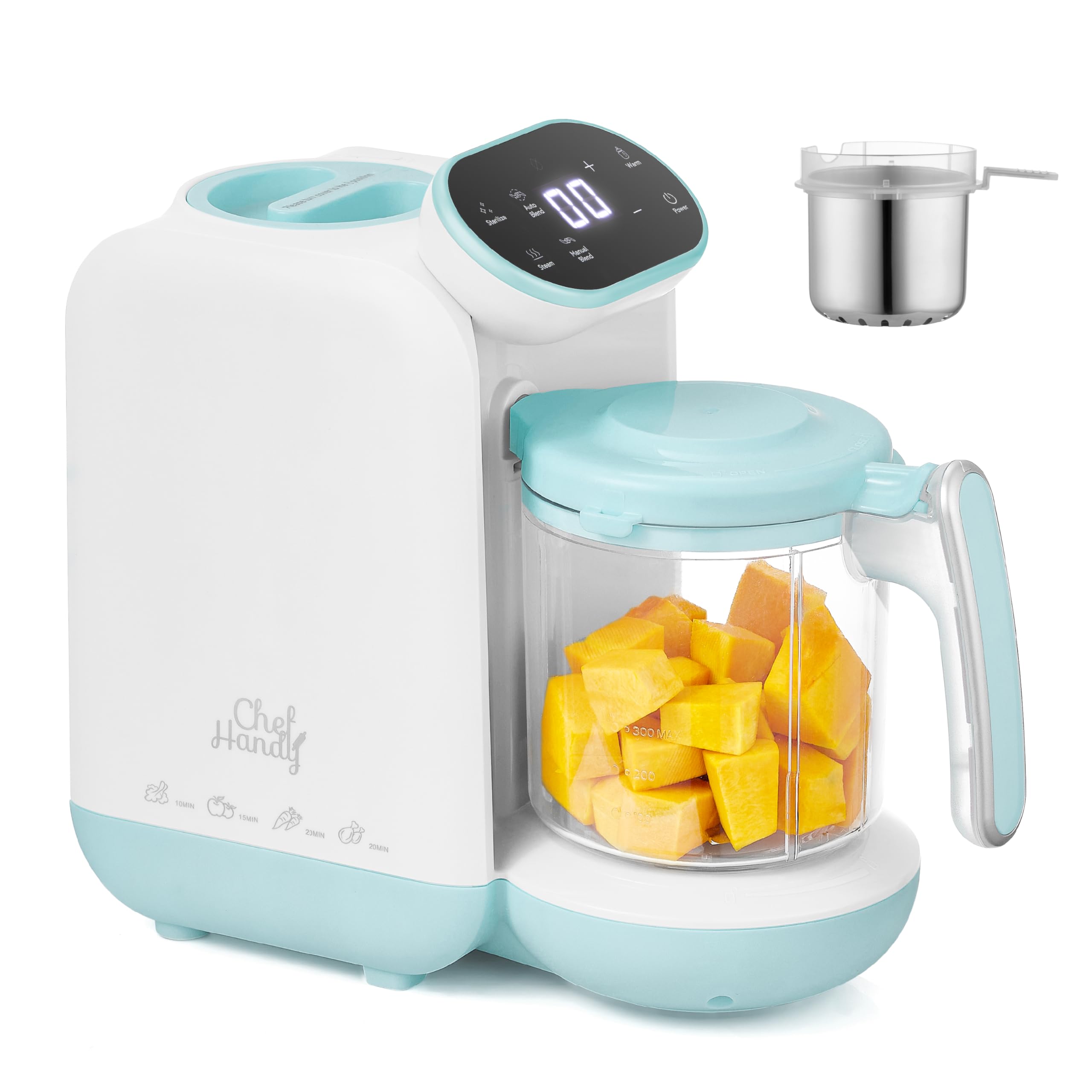 Chefhandy - Batidora de vapor para alimentos para bebés, máquina para hacer puré con mezcla manual automática, canasta de vapor, calentador de biberones, esterilizador, procesador de alimentos para bebés compacto y fácil de limpiar, blanco y azul