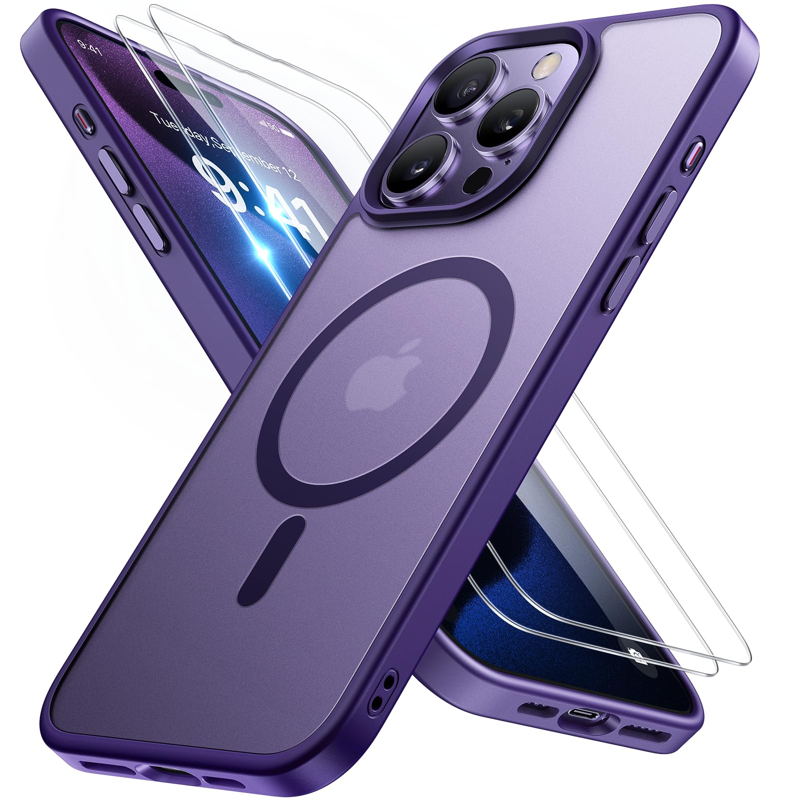 Miracase Magnetic for iPhone 15 Pro Case 6.1 inch (Compatible with MagSafe)（with 2X Screen Protectors） Military-Grade Protection, Anti-Fingerprint Translucent Matte Phone Cover, Dark Purple