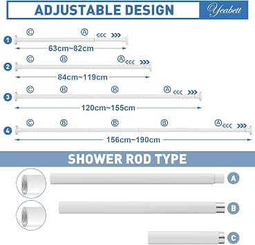 Yeabett Extendable Curtain Poles, 48-190.5cm Tension Rods for Curtains, Telescopic Curtain Pole for Bathroom or Windows, No Drilling, No Slip, No Rust, White