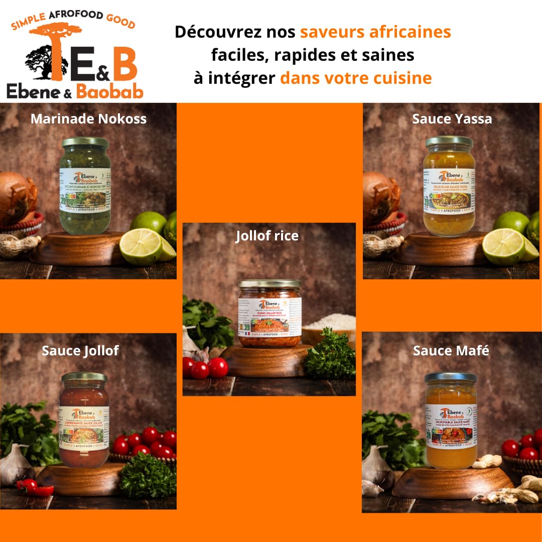 PACK SAUCES Yassa, Mafé, Nokoss ou Jollof Ebene&Baobab : un bocal de chaque recette africaine traditionnelle pour un voyage culinaire rapide et facile - cuisiné en France. Livraison offerte.