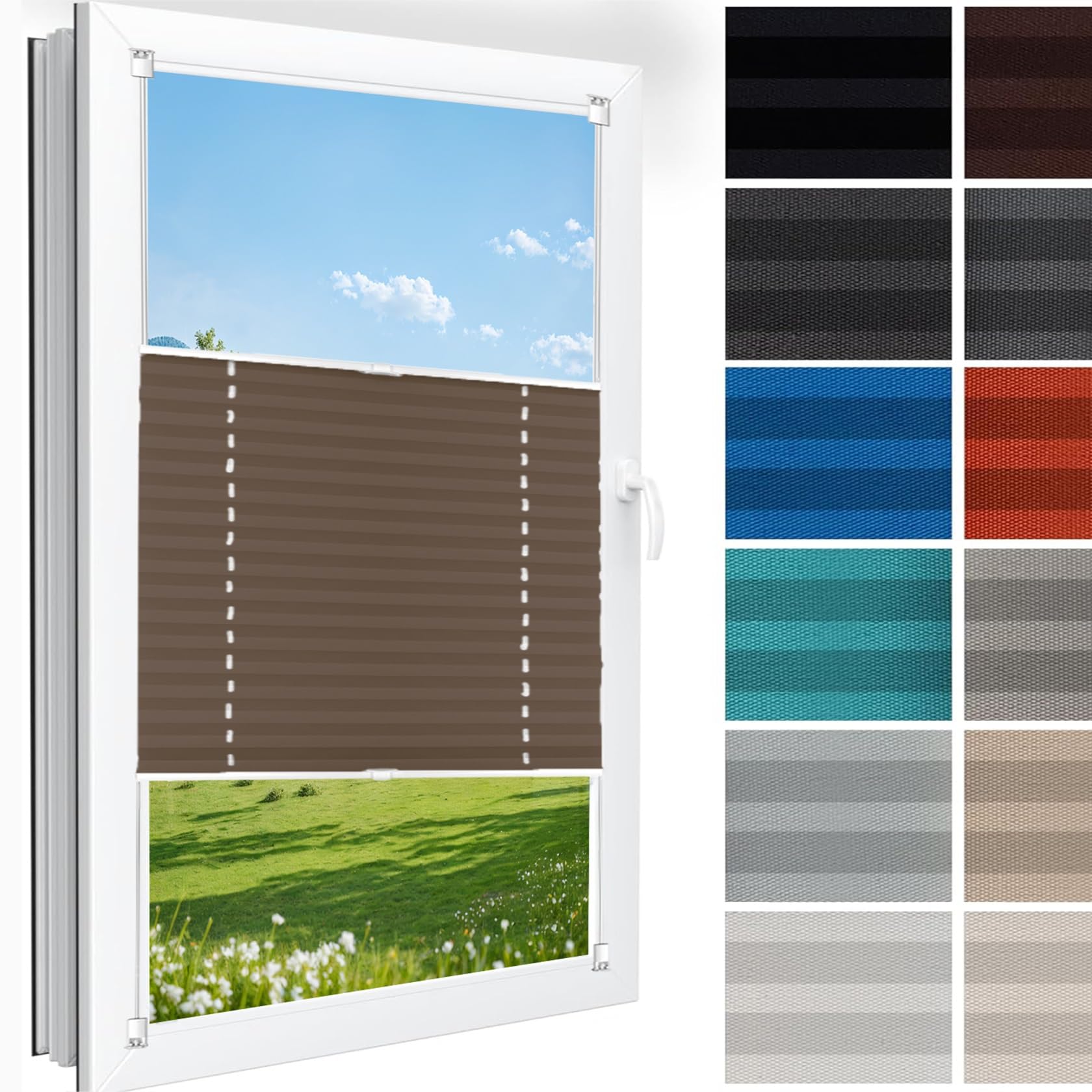 No Drill Blinds Temporary Window Blinds 25 x 180 cm (W x H), No Drilling, Translucent, Crushed Look, Pleated Louvre Blind Window, Temporary Pleat Blinds, for Window Door, Brown